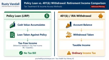 LIRP policy loan tax-free access versus 401k taxable withdrawal comparison infographic