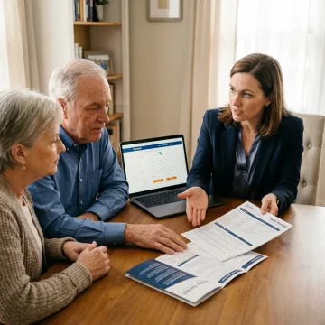 Senior couple reviewing Medicare options with an insurance broker
