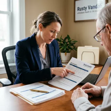 Licensed broker comparing senior care insurance options