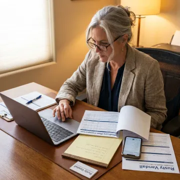 Insurance broker comparing Medicare plans on a laptop
