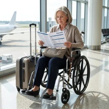 Traveler using a wheelchair at an airport with travel documents