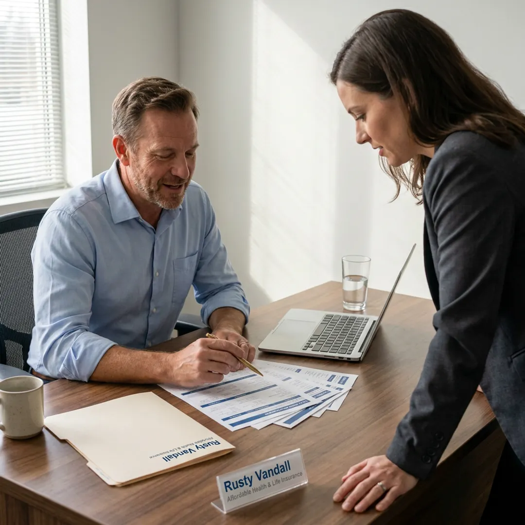 Insurance broker reviewing small business coverage options