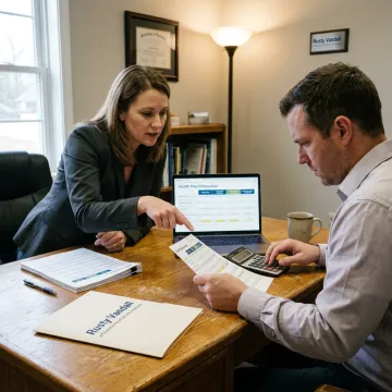 Insurance agent reviewing health plan options with small business owner