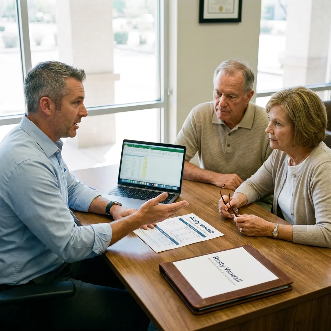 Insurance advisor explaining long term care options