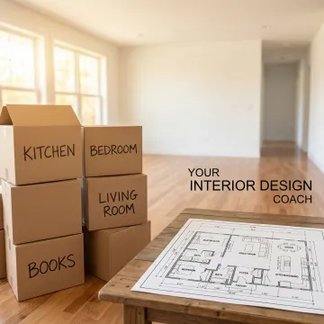 Organized moving boxes and furniture layout plan in new home during relocation process
