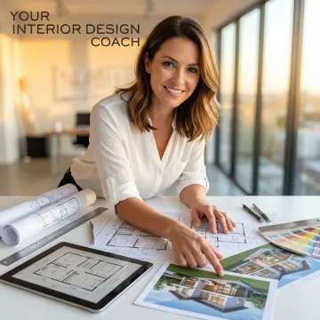 Interior designer reviewing detailed 2D and 3D floor plan drawings