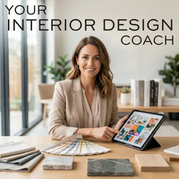 Designer reviewing paint color swatches and digital mood board during virtual consultation