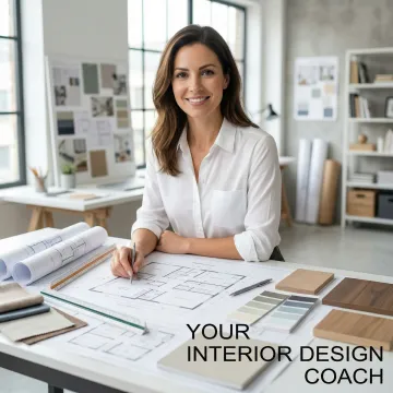 Professional interior designer reviewing home design plans and drafting documents on desk