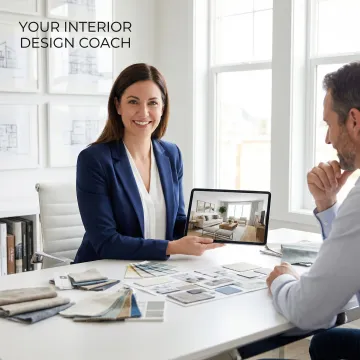 Designer showing homeowner digital renderings and mood boards during remodeling consultation