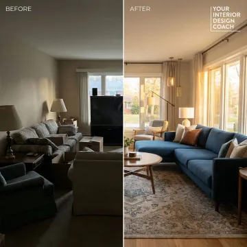 Before and after comparison of residential living room showing improved furniture layout and space flow