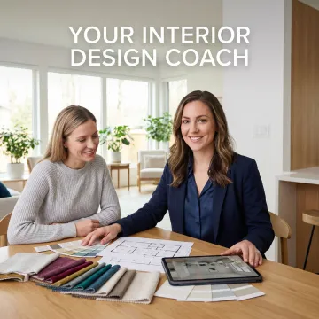 Professional interior designer consulting with homeowner over floor plans and color samples in a bright, modern living room