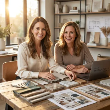 Interior designer and client collaborating over design materials, fabric swatches, and mood boards in a cozy consultation setting