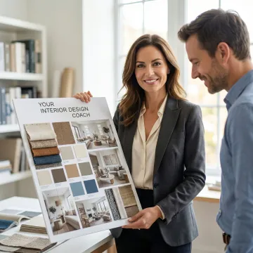 Interior designer presenting mood board and design concepts to attentive homeowner