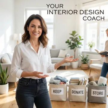 Professional decluttering consultant helping homeowner organize living space with sorting bins and organization systems