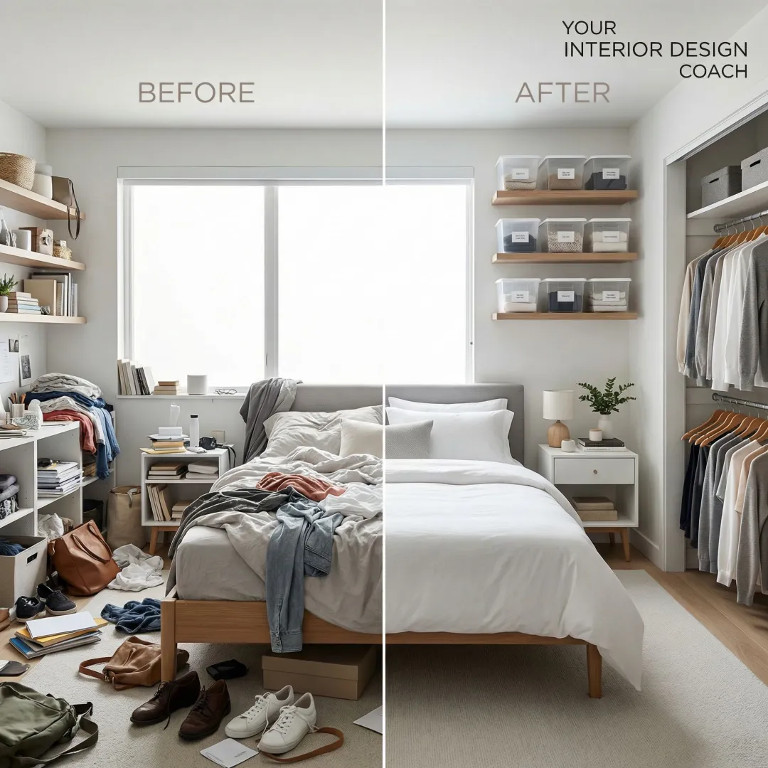 Before and after transformation of cluttered bedroom into organized, serene space with functional storage systems
