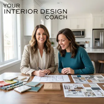 Professional kitchen designer consulting with homeowner over kitchen layout plans and material samples