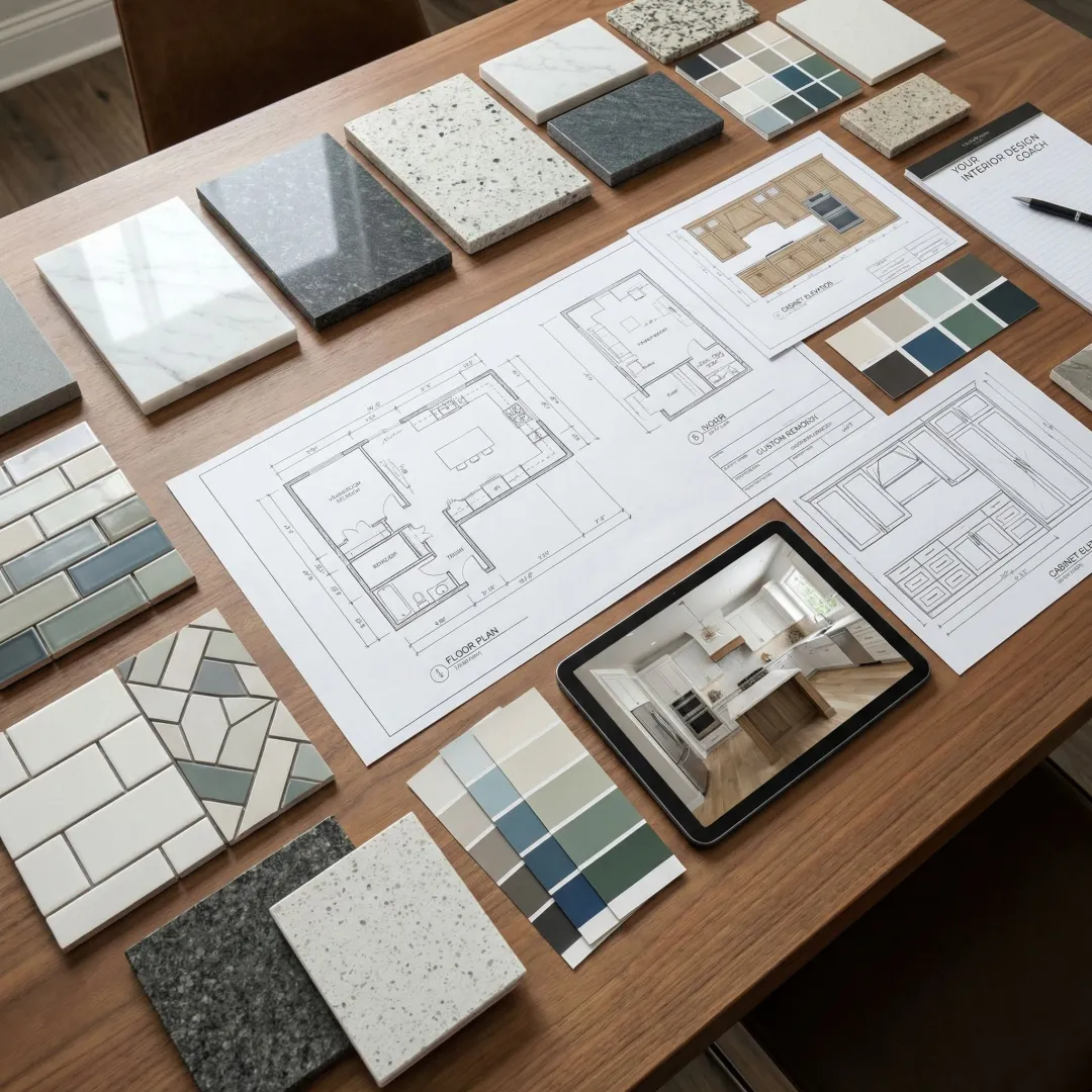 Kitchen design process showing floor plan drawings, material samples, and 3D renderings