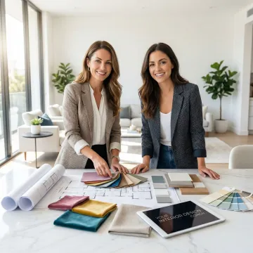 Professional interior designer consulting with homeowner over design plans and material samples