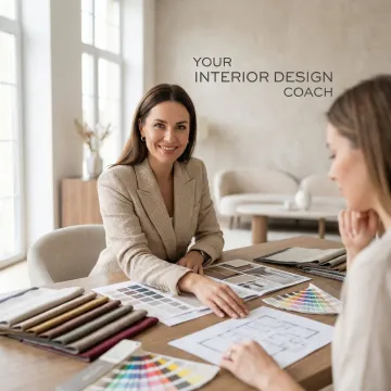 Interior designer presenting mood board and design concepts to homeowner