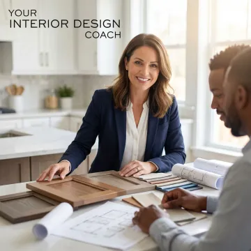 Kitchen renovation consultant reviewing cabinet samples and design plans with homeowner