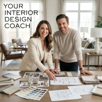 Interior design coach discussing layout options and design concepts with homeowner at dining table