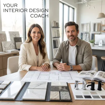 Interior designer reviewing bathroom layout plans with homeowner