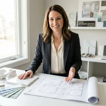 Interior designer reviewing bathroom remodel plans with architectural drawings and samples