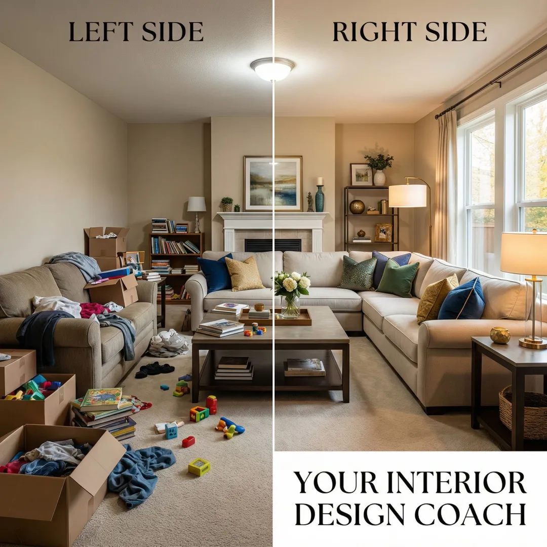 Before and after space planning transformation showing optimized furniture layout and improved room flow