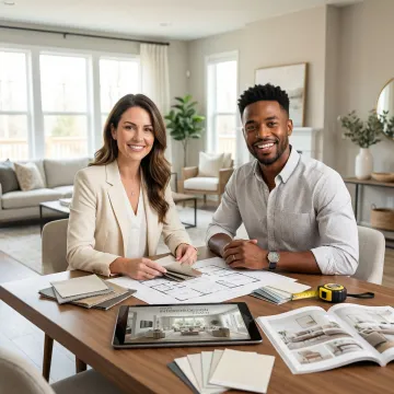 Interior designer consulting with renter about room layout and furniture placement