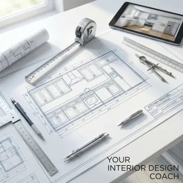 Architectural blueprints and kitchen design plans laid out on work table with measuring tools