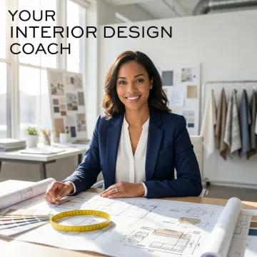 Professional interior designer reviewing office floor plans with measuring tools and furniture layout sketches