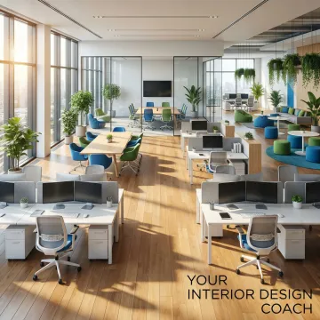 Modern open office with optimized layout showing workstations, collaboration areas, and efficient space planning