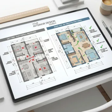 Before and after floor plan showing optimized furniture layout and improved room flow