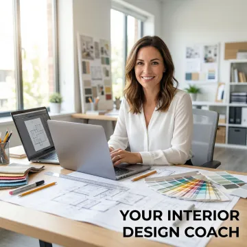 Professional interior designer reviewing architectural drawings and floor plans at a modern California workspace