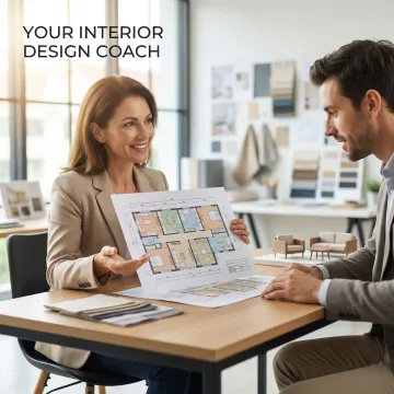 Interior design coach presenting a space planning layout to a tenant client during a consultation session