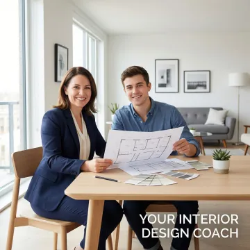 Interior design coach consulting with a tenant on space planning and furniture layout in a bright rental apartment