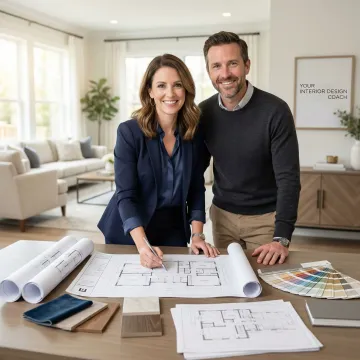 Designer reviewing construction drawing plans with a homeowner