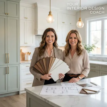 Interior design coach pointing at kitchen cabinet samples and layout plan during a consultation session