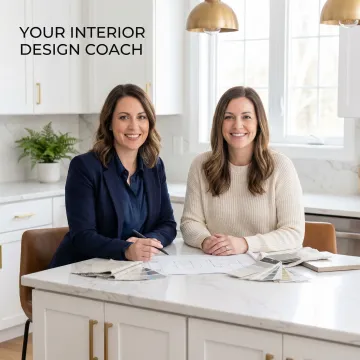 Interior design coach reviewing kitchen layout plans with a homeowner during a free consultation