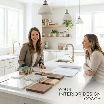 Interior design coach presenting renovation material samples and layout options to a client