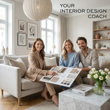 Professional residential interior designer consulting with a homeowner in a beautifully styled living room