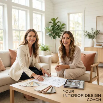 Professional interior design consultant reviewing space planning layouts in a California home