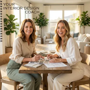 Interior design coach discussing layout solutions with a homeowner in a California living space