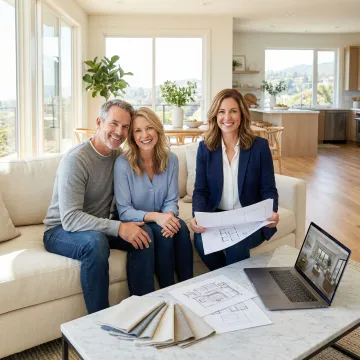 Interior design coach helping a Bay Area homeowner plan their living room layout