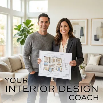 Interior designer presenting a space planning concept to a homeowner in a modern living room