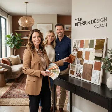 Interior design coach discussing creative design solutions with a client in a well-decorated home