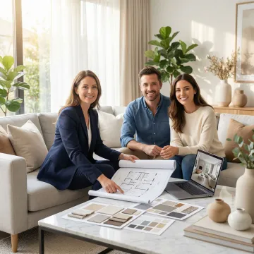 Professional interior design consultant reviewing layout plans with a homeowner in a modern living room