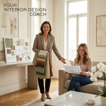 Interior design coach presenting a personalized design plan to a homeowner in a stylish living room