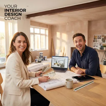 Interior designer presenting renovation design options to a homeowner in a bright California living room