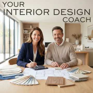 Interior design coach reviewing a home layout plan with a confident homeowner